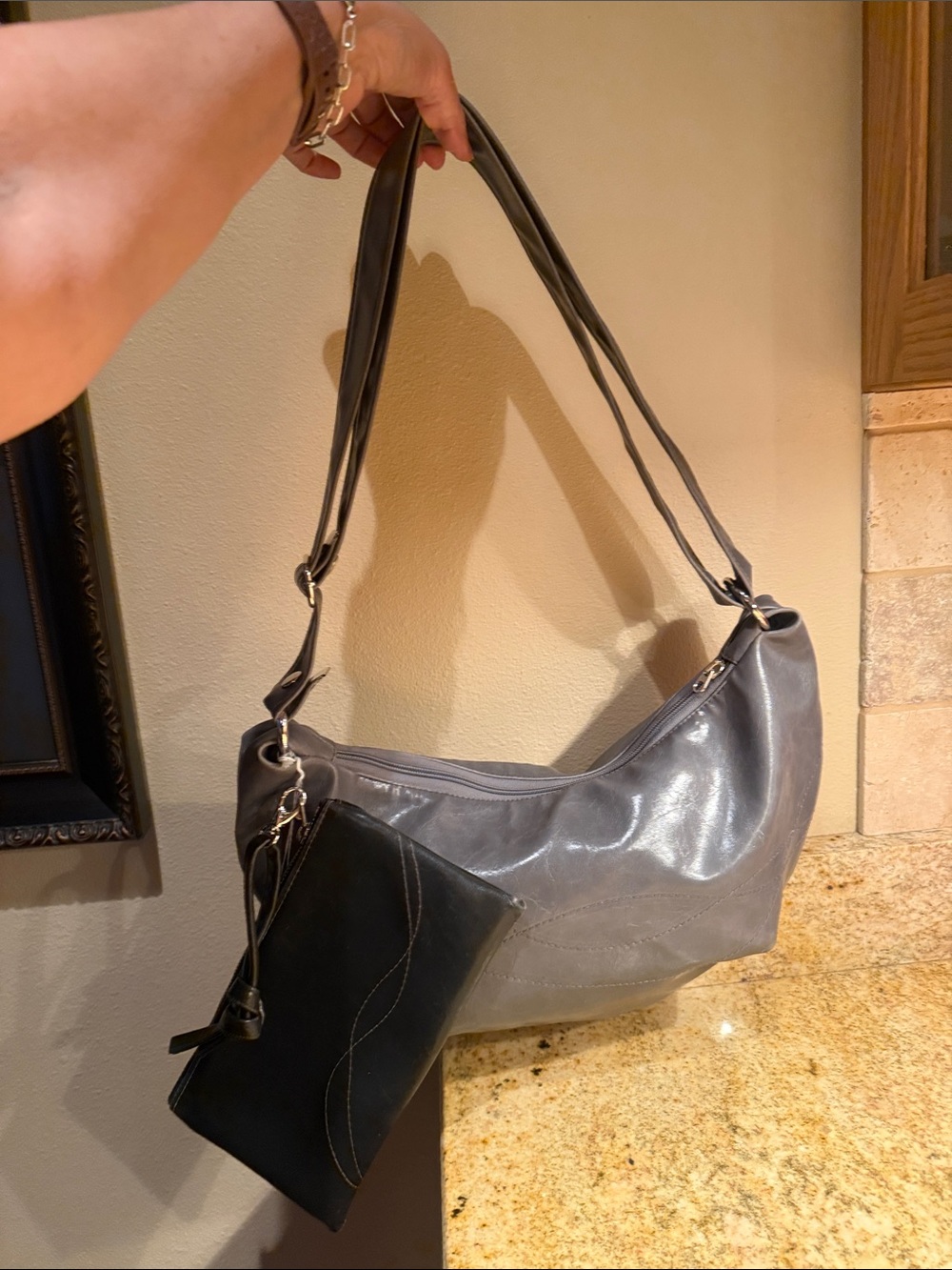 Crystalyn Kae Gray half moon purse with matching black Pouch. NWOT vegan